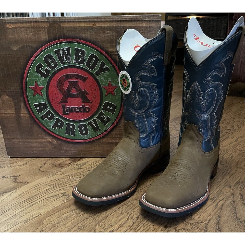Laredo Men's Hamilton BS Brown & Blue Square Toe Boots 7936 Size 9 EW New In Box